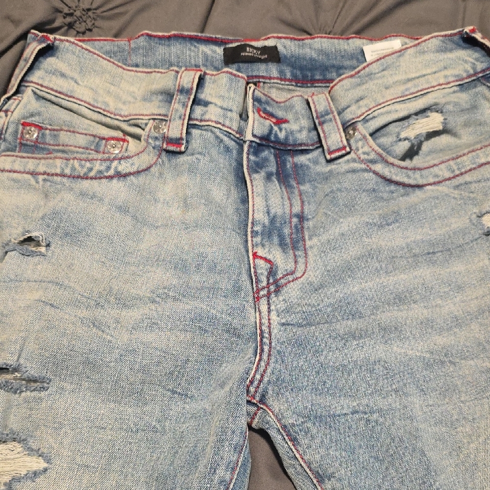 Mens True Religion Distressed Light Blue Jeans with Red Stitching! 32x34